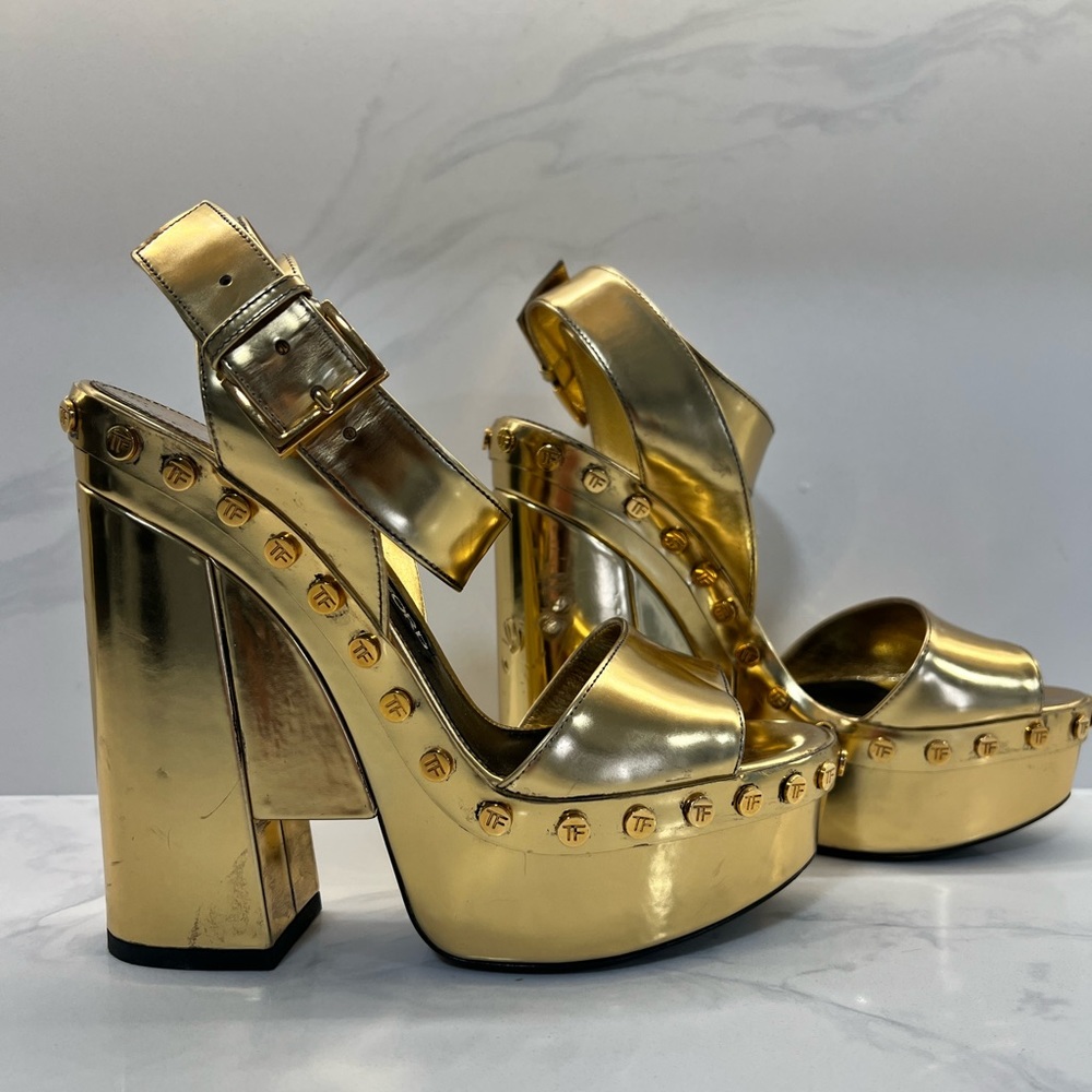 Tom Ford Women's Gold Metallic Ankle-Wrap Plataform Sandal Size 39